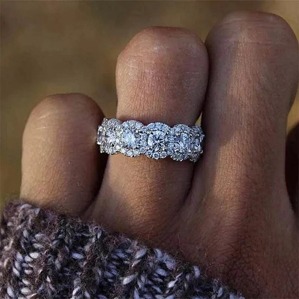 NEW Platinum Plated S925 Halo‎ Diamond Eternity Engagement Band Ring Sizes 6 & 7